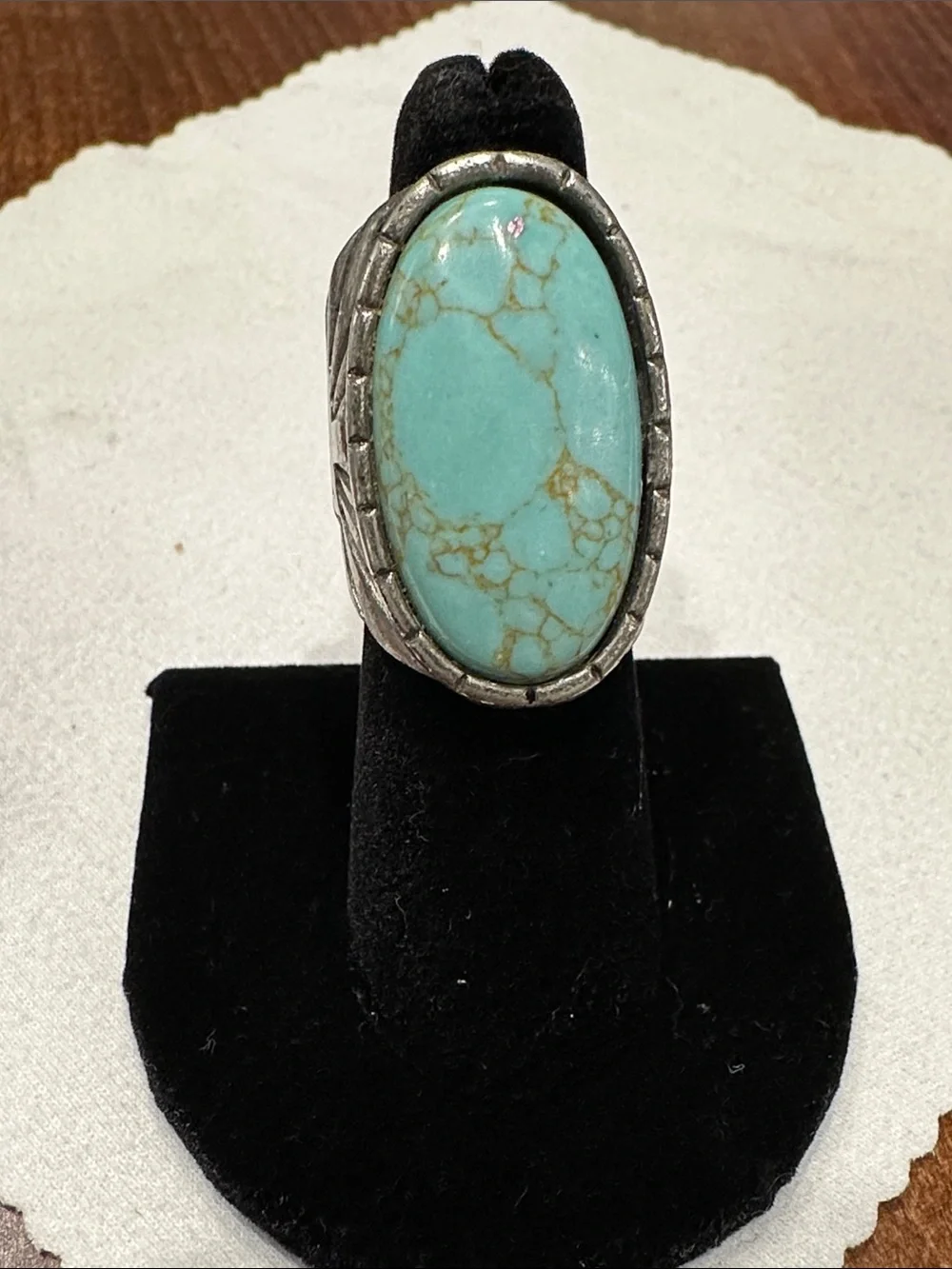 Vintage Southwestern Silver-Tone Cross Ring Turquoise-Color Cabochon Sz 5-3/4